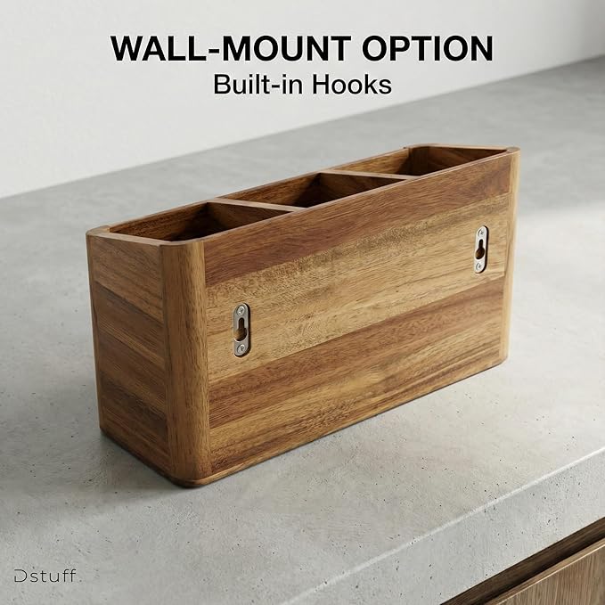 Dstuff Large Kitchen Utensil Holder Organizer for Counter or Countertop, Large Wooden Utensil Holder for Storage Cooking and Silverware with 3 Compartment, Acacia Rustic Wood Container Extra Large