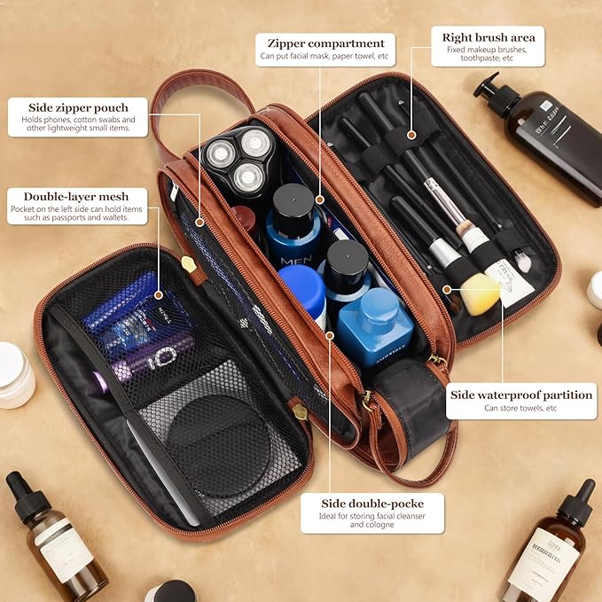 Travel Toiletry Bag for Men, Men's Shaving Bags for Toiletries, Men's Toiletry Travel Bag Leather, Personalized Travel Essentials, Birthday Gifts for Men, Brown- K