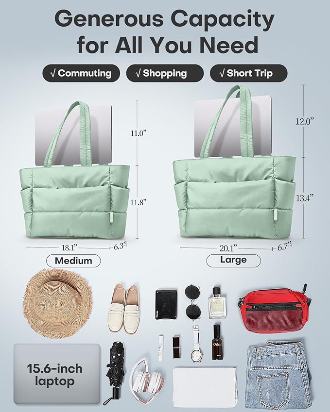 HOTOR Puffer Tote Bag for Women, Nurses - Multi-Pocket Lightweight Bag for Work - Quilted Handbag for Travel and Gym