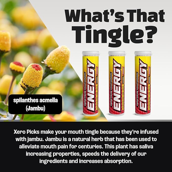 Xero Picks Energy Caffeine Flavored Toothpicks B12 for Focus & B6, 60 Picks (Pack of 3) (Cherry) Sugar-Free Alternative to Energy Mints & Gum - Kosher