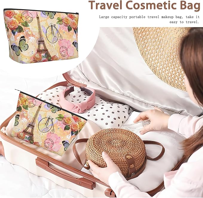 Vintage Paris Tower Makeup Bag Travel Cosmetic Bag for Women,Rose Flowers Small Make up Pouch Travel Bags for Toiletries Aesthetic Accessories Waterproof Gifts