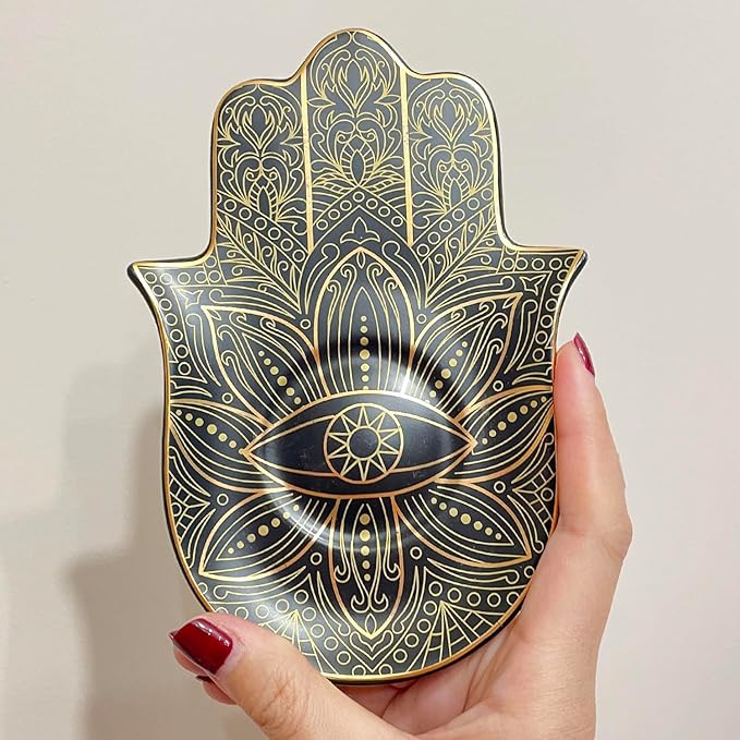 Exquisite Small Ceramic Jewelry Tray - Trinket Dish Evil Eye Decor, Gold Plate Ring Holder, Modern Boho Home Essentials, Perfume Organizer, Witchy, Aesthetic Room Decor (Black Hamsa)