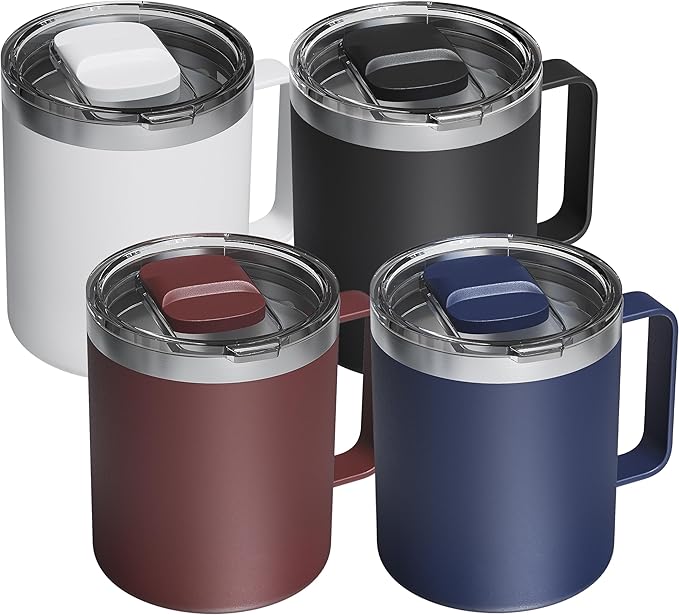 4 Pack 12oz Insulated Coffee Mug with Lid – Double Wall Stainless Steel Travel Cups with Handle, Keep Hot & Cold Drinks, Ideal Gift for Coffee Lovers, Office & Camping, Dark (Assort colors)