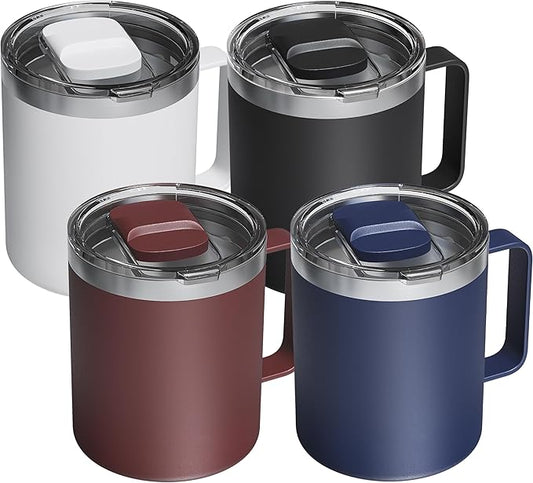 4 Pack 12oz Insulated Coffee Mug with Lid – Double Wall Stainless Steel Travel Cups with Handle, Keep Hot & Cold Drinks, Ideal Gift for Coffee Lovers, Office & Camping, Dark (Assort colors)