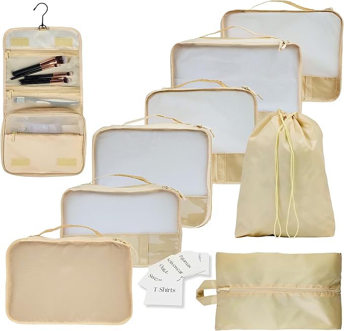 9 Set Packing Cubes - Suitcase Organizer, Cute Packing Cubes, Travel Bags Organizer for Luggage with Hanging Toiletry and Shoe Bag, Travel Essentials for Women, Men and Kids -Beige