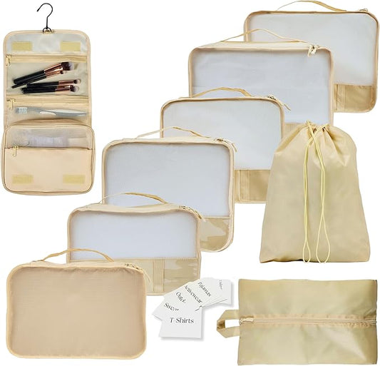 9 Set Packing Cubes - Suitcase Organizer, Cute Packing Cubes, Travel Bags Organizer for Luggage with Hanging Toiletry and Shoe Bag, Travel Essentials for Women, Men and Kids -Beige