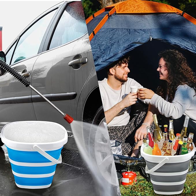 2 Pack Collapsible Buckets 10L 2.6 Gallon Cleaning Bucket Mop Bucket Folding Foldable Portable Small Plastic Water Supplies for Outdoor Garden Camping Fishing Car Wash Space Saving Square Grey Blue
