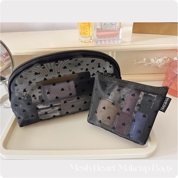 5 Pieces Heart Printed Mesh Makeup Bag Set, Portable Travel Mesh Cosmetic Bags Toiletry Bags Makeup Purse Bags with Zipper Storage Pouches for Home Offices Travel Accessories (Black)