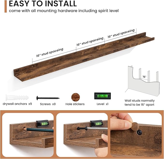 Fun Memories Picture Ledge Shelves Set of 2, 55 Inch Rustic Wall Mounted Floating Shelves with Lip for Home Storage and Decor in Bathroom, Kitchen, Nursery, Bedroom, Living Room, Brown