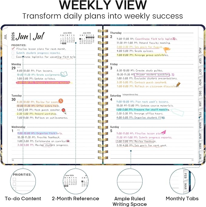Academic Planner 2026-2027, Weekly and Monthly Calendar Book, July 2026 – June 2027, Hardcover Planner with Tabs, Perfect for Teachers, Students, Women & Men, A4 (8.5" x 11") - Turquoise Flowers