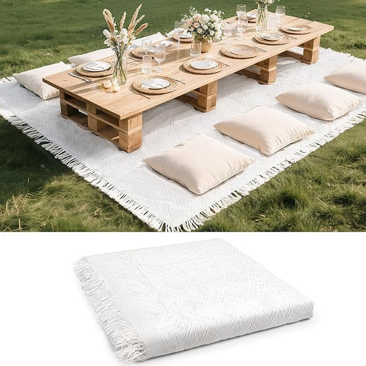 102 x 71 Extra Large White Outdoor Picnic Blanket, Woven Cotton Yarn Oversize Portable Blanket with Fringe for Camping, Lawn or Wedding Photoshoot. Indoor Bohemia Decorations, Machine Washable