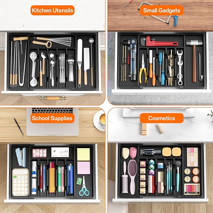RoomHacks Large Silverware Organizer,Expandable Utensil Drawer Organizer,BPA Free Utensil Holder,Adjustable Silverware Tray Cutlery Drawer Organizer for Kitchen Flatware,Large,Black,2 Pack