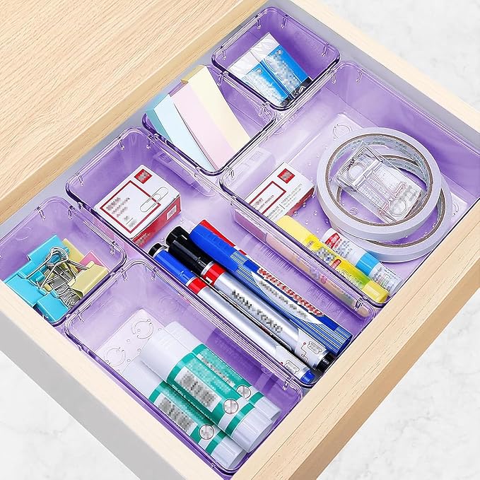 16 PCS Drawer Organizer Set, 5 Varied Size Bathroom and kitchen Drawer cabinet organizer Trays, Clear Storage Bins for Makeup, Jewelry, Utensils and Gadgets, Purple