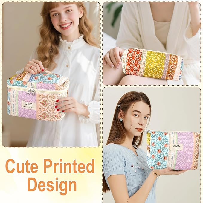 3Pc Cotton Quilted Makeup Bags for Women Large Small Coquette Floral Travel Cosmetic Bag Set Aesthetic Cute Flower Makeup Pouch Portable Toiletry Bag Puffy Essential Storage Organizer Bag
