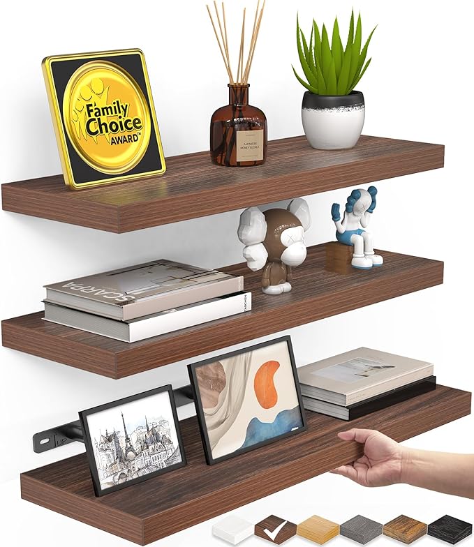 BAYKA Floating Shelves for Wall, Wall Mounted Rustic Wood Shelves for Bathroom, Bedroom, Living Room, Kitchen, Small Hanging Shelf for Books/Storage/Room Decor (Walnut-Like, Set of 3, 15.7in)