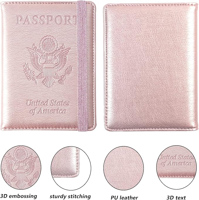 Eoehro Passport and Vaccine Card Holder, Passport Holder Vaccine Card Slot, Passport Wallet, Passport Cover, Passport Case, Passport Holder for Airplane Travel Essentials (E-Elastic band Rose gold)