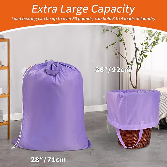 Polecasa Heavy Duty Large Laundry Bag with 130gsm Tear Resistant Fabric and Handles, Easy to Carry Durable Dirty Clothes Drawstring Bag, Perfect for College Dorm, Travel, 2 Pack 28”x36”, Purple