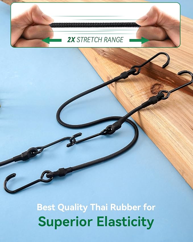 4 Pcs 180 Lbs Real Heavy Duty Bungee Cords with Rust Resistant Steel Hooks, 80 Inch Black Bungee Straps with 2X Stretch & UV Protection, Perfect for Camping, Tarps, Tent, Bike, Luggage