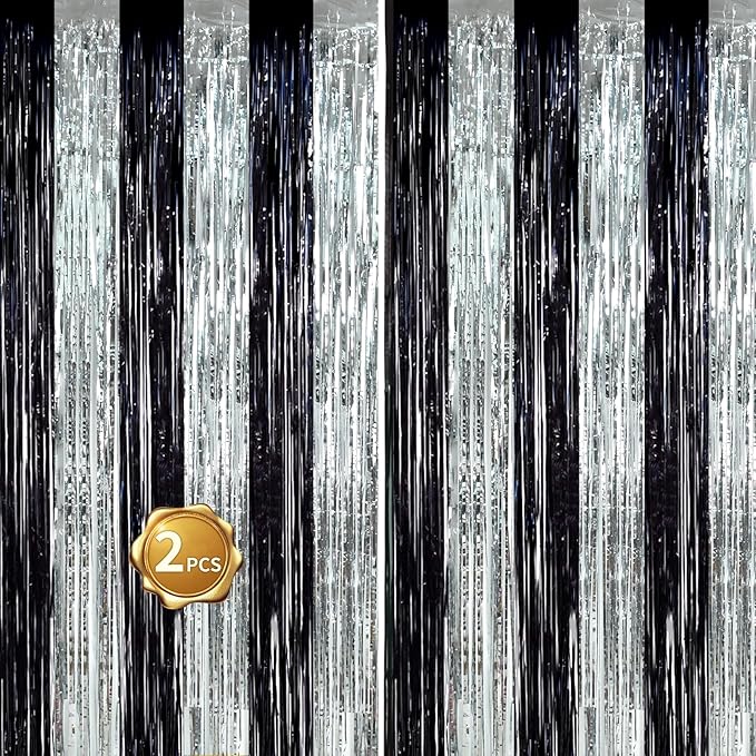 BEISHIDA 2Pcs Black Silver Door Streamers Congrats Grade 2025 Decoration Backdrop Foil Fringe Tinsel Party Streamers Curtains for Birthday Graduation Bachelorette Party Decorations (3.28 ft x 6.56 ft)