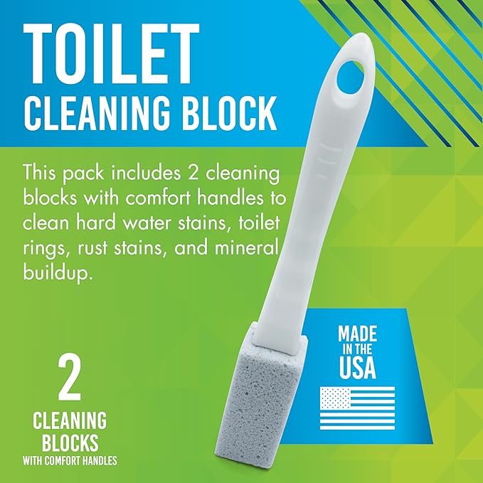 EarthStone Toilet Cleaning Block with 9" EZ-Grip Built-In Handle, Removes Hardwater and Rust Stains, Made in the USA, 2-Pack