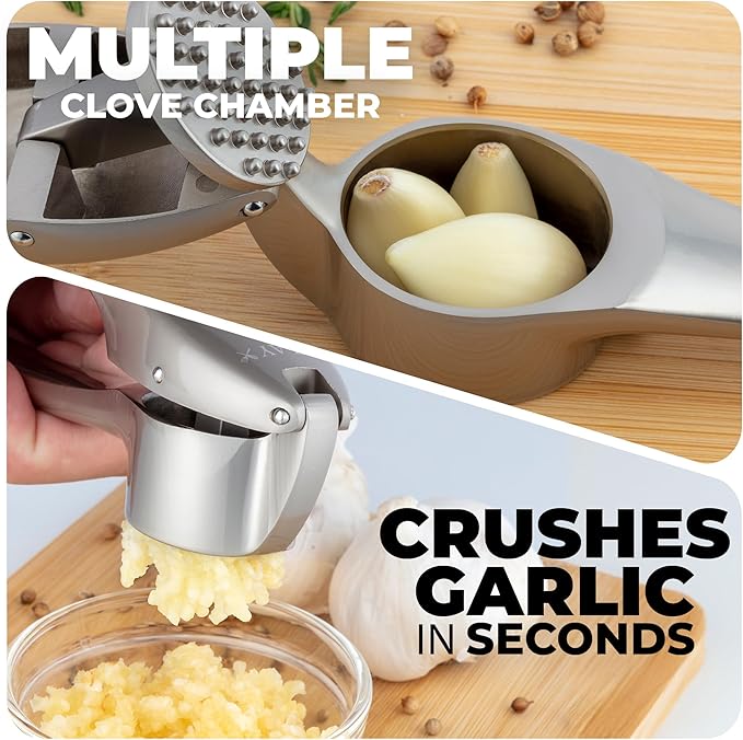 Zulay Kitchen Large Premium Garlic Press Set – Rust Proof & Dishwasher Safe, Bigger Bowl Garlic Mincer Tool with Silicone Garlic Peeler & Brush, Easy Squeeze & Clean, Ergonomic Handle - Silver