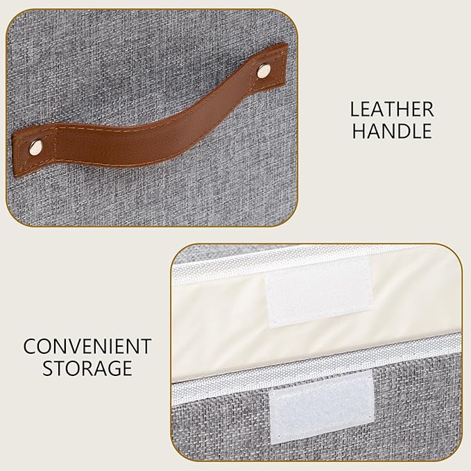 Yawinhe Collapsible Storage Bin, Cube Organizer Basket, Fabric Box with Lids, Washable and Leather Handle, for Home, Closet, Grey, 15.0''Lx9.8''Wx9.8''H, 3-Pack, USNK024GL-3