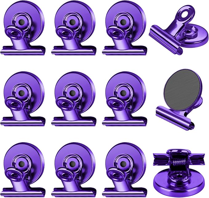 FINDMAG 12 Pack Magnetic Clips for Photo Display and Picture Hanging, Strong Fridge Magnets, Magnetic Christmas Light Clips for Whiteboard, Kitchen, Office, School, Purple, 30mm Wide