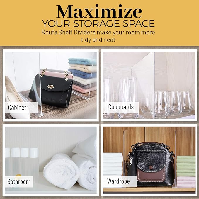 ROUFA 4Pcs Clear Acrylic Shelf Dividers, Adjustable Closet Organizer Fit for Any Thickness of Shelves, Multi-Purpose Wood Shelf Separators for Bedroom, Kitchen, Office, Bathroom, 11.8''x11''