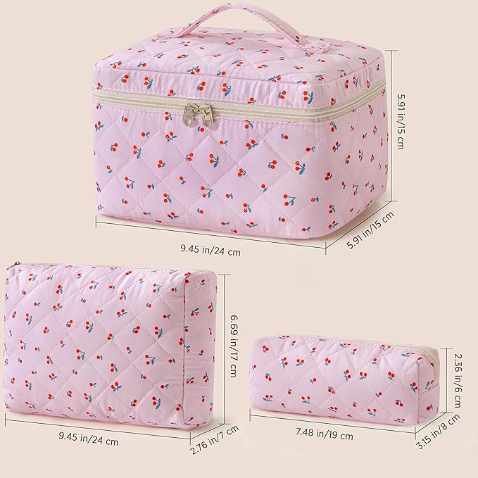 HBselect Quilted Makeup Bag, 3PCS Cotton Large Travel Makeup Bag, Cute Floral Coquette Make up Bag Cosmetic Bag Toiletry Bag for Women Girls