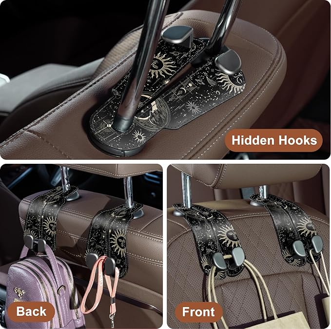 CoBak Purse Hook for Car - Universal Premium Stitched Leather and Aluminum-Magnesium Alloy Double Car Seat Back Storage Hook for Purses, Handbags, Bags (2 Pack), Star Mark