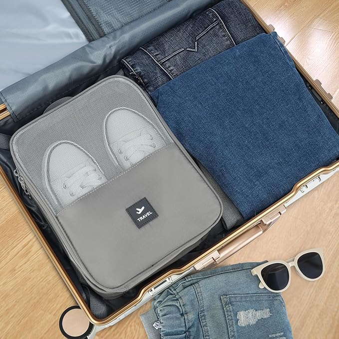 2 Layers Travel Shoe Bag, Portable Shoe Bags Hold 2 Pair Of Shoes, Water-Resistant Shoe Storage Pouch For Travel (Grey, 2 Pack)