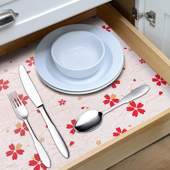 RAY STAR 12X120 Inch Shelf Liner for Kitchen Cabinets, Non-Adhesive Washable Cabinet Liner, Non-Slip PVC Drawer Liner for Dresser Bathroom (Red Floral)(5 Roll)
