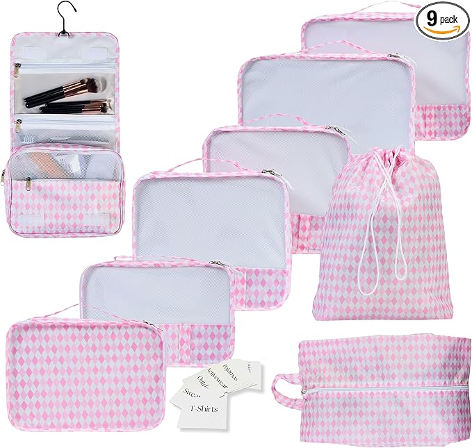 9 Set Packing Cubes - Suitcase Organizer, Cute Packing Cubes, Travel Bags Organizer for Luggage with Hanging Toiletry and Shoe Bag, Travel Essentials for Women, Men and Kids -Pink
