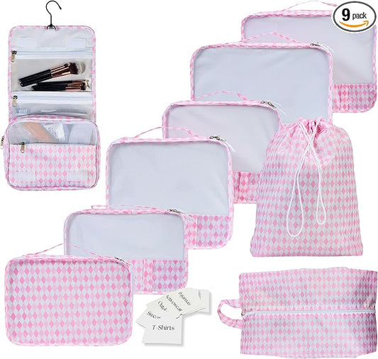 9 Set Packing Cubes - Suitcase Organizer, Cute Packing Cubes, Travel Bags Organizer for Luggage with Hanging Toiletry and Shoe Bag, Travel Essentials for Women, Men and Kids -Pink