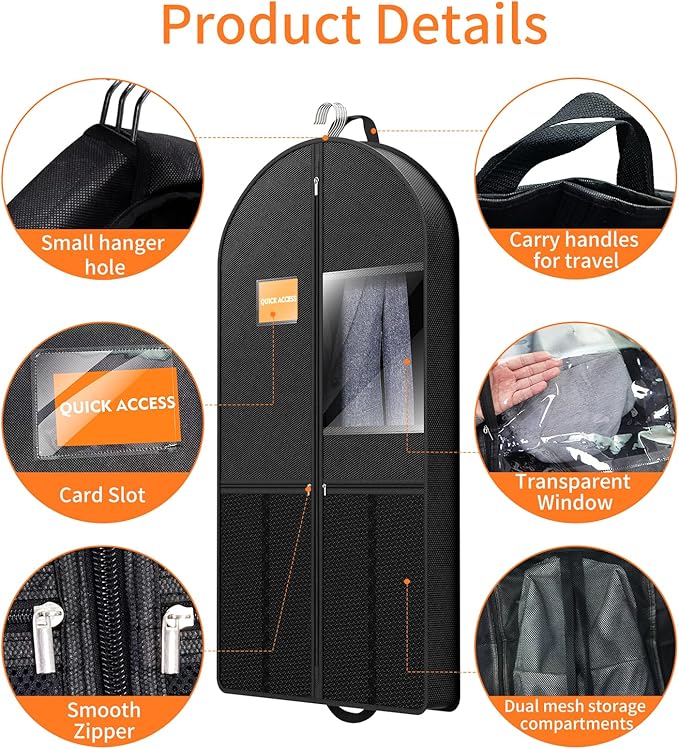 Garment Bag Travel Suit Storage: 43 Inch 3 Packs Fabric Breathable Zippered - Clothes Covers Carry Shoe Pockets Lightweight - Men Travel Wardrobe Protector Hanging Up Multiple