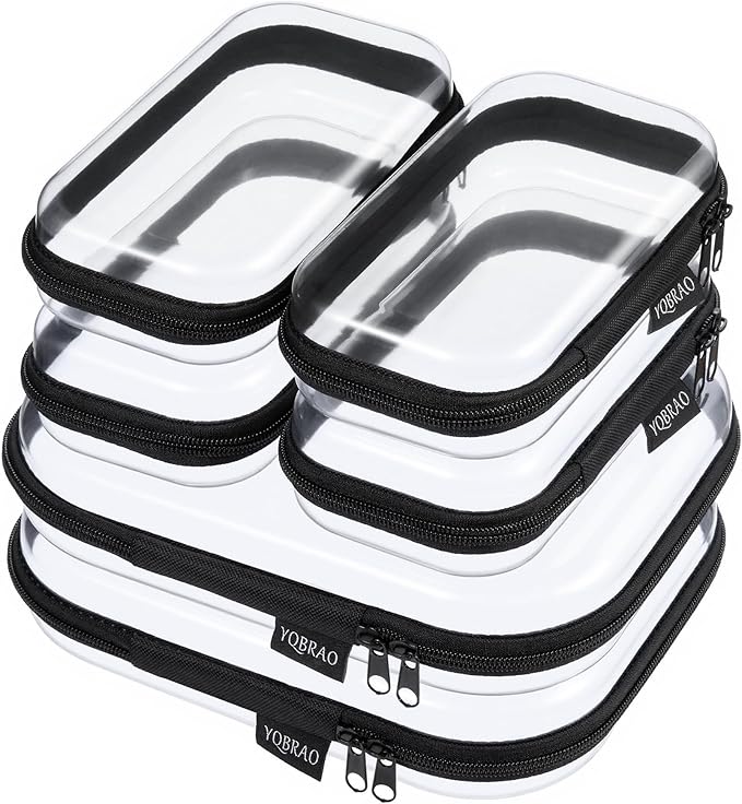 6 Pack Clear Hard Shell Zipper Case, Hard Plastic Organizer Pouches for Travel, Small Items, Makeup, Electronics & Art Supplies - Crush-Resistant & Waterproof Storage (Black)
