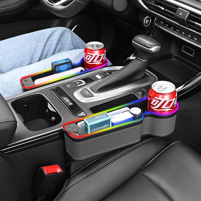 keketuohai 7 Color Led Car Seat Gap Organizer with Type C USB Multifunctional Console Side Gap Organizer with 56W Fast Charger Car Front Seat Gap Filler with Ambient Lamp for Andriod iPhone (Grey)
