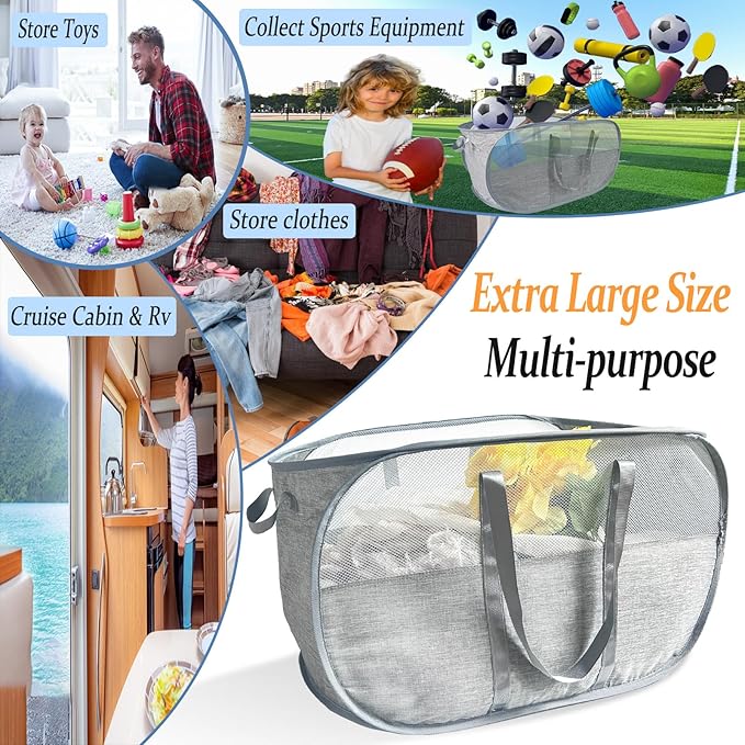 100L Collapsible Laundry Baskets 2 Pack, Extra Large Mesh Pop Up Laundry Hamper, Dirty Clothes Hamper with Reinforced Handles, Folding Hampers for Travel. Dorm or Home Portable Laundry Baskets. Grey