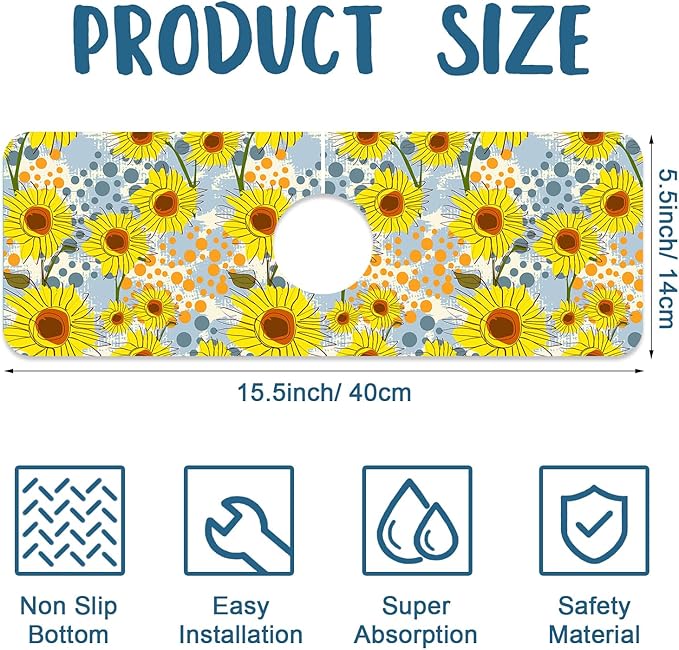 Watercolor Sunflowers Sink Faucet Absorbing Mat Sunflowers Polka Dots Super Absorbent Fast Drying Mat Sink Gadgets Behind Faucet Sinkmat for Kitchen Bathroom, 15.5"x5.5"