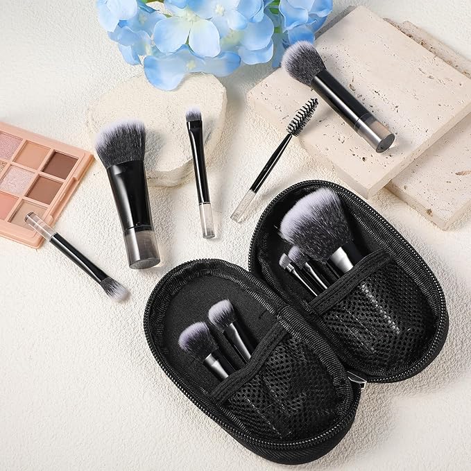 10 Pcs Mini Travel Makeup Brush Set With Pouch Black Portable Travel Size Makeup Brushes Professional Cosmetic Brush Travel Essentials kits for Brush Blush Powder Eye Shadow Women Girls