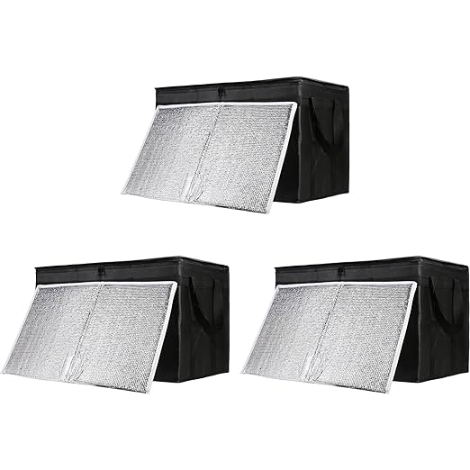 Insulated Food Delivery Bag with Hard Bottom, XXX-Large Insulated Reusable Grocery Cooler/Hot Bags, Tote Bag for Shopping/Travel, Black, 3-Pack