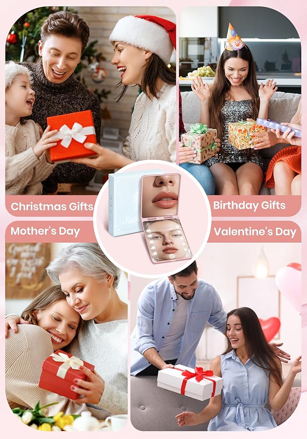 Compact Mirror, Rechargeable 30X Magnifying Mirror with 3 Lighting Modes & Dimmable Brightness, Portable Travel Makeup Mirror with Light, Essentials for Travel, Pocket, Purse, Gifts for Women Pink