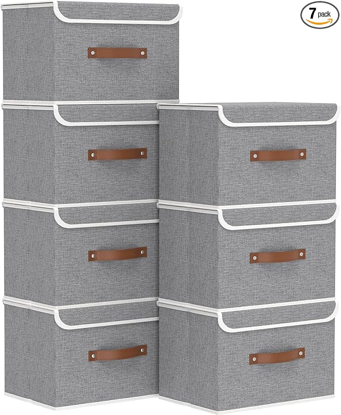 Yawinhe Storage Bins with Lids, Closet Baskets, Washable and Leather Handle, Collapsible Boxes for Home, Grey, 17.7''Lx11.8''Wx11.8''H, 7-Pack, USNK024GX-7