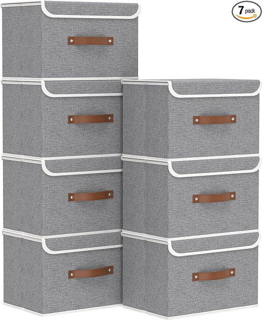 Yawinhe Storage Bins with Lids, Closet Baskets, Washable and Leather Handle, Collapsible Boxes for Home, Grey, 17.7''Lx11.8''Wx11.8''H, 7-Pack, USNK024GX-7