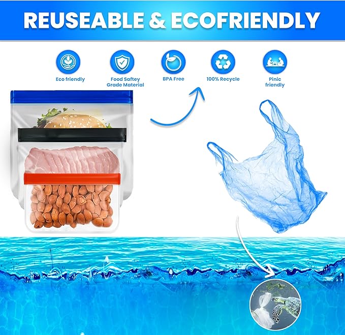 10-Pack Extra Thick Reusable Silicone Food Storage Bags – 3 Small, 4 Medium, 3 Large Leakproof BPA-Free Ziplock Bags – Freezer Safe, Dishwasher Safe Meal Prep Set for Marinating, Lunch & Travel