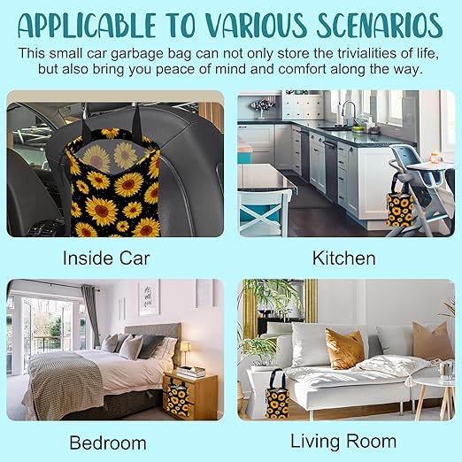 KXWQTRDD Car Garbage Bag Blooming Yellow Sunflowers Drawstring Car Trash Bag Hanging for Back Seat with Adjustable Buckle Canvas Vehicle Trash Can Easy-to-Install
