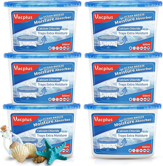Vacplus Moisture Absorbers 6 Pack, Portable Humidity Absorber Boxes for Your Bathroom, Closet & Car, Dehumidifier with Ocean Fragrance, 10.5 Oz