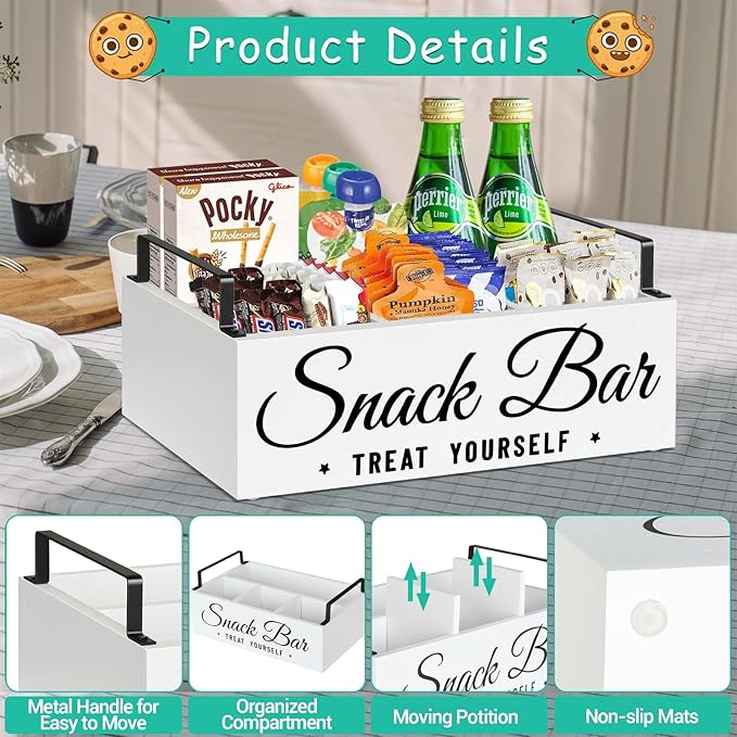 Snack Organizer for Countertop, Wood Pantry Storage Bins with Handles, Snack Bar Organizer for Pantry Shelf, Kitchen, 4 Compartment Food Container Snack Box, Pantry Organizer for Snacks, Chips (White)