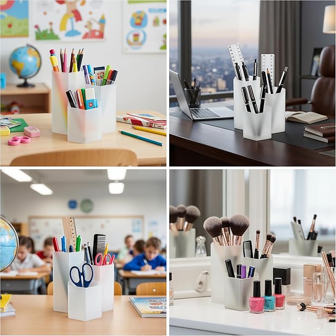 Clear Pencil Holder for Desk | 3 Compartment Organizer Desk Cute Pen Holder | Hexagonal Shape Pencil Cups for Classroom, Offices, Teacher Desks | Multipurpose Make up Organizers and Storage Accessory