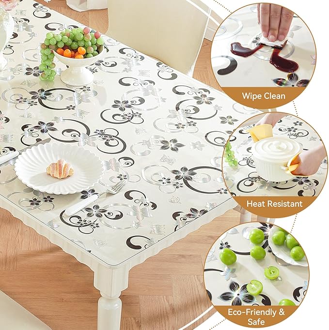 LovePads Floral Clear Table Cover Protector - 30 x 60 Inch Thick Plastic Table Cloth, Waterproof PVC Desk Mat for Dining Room Table, Wood Furniture Topper, Anti-Scratch Desk Pad for Kids Writing,